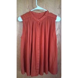 PLST Women's M Pleated Sleeveless Button Front Blouse Flowy Dressy Rust Copper